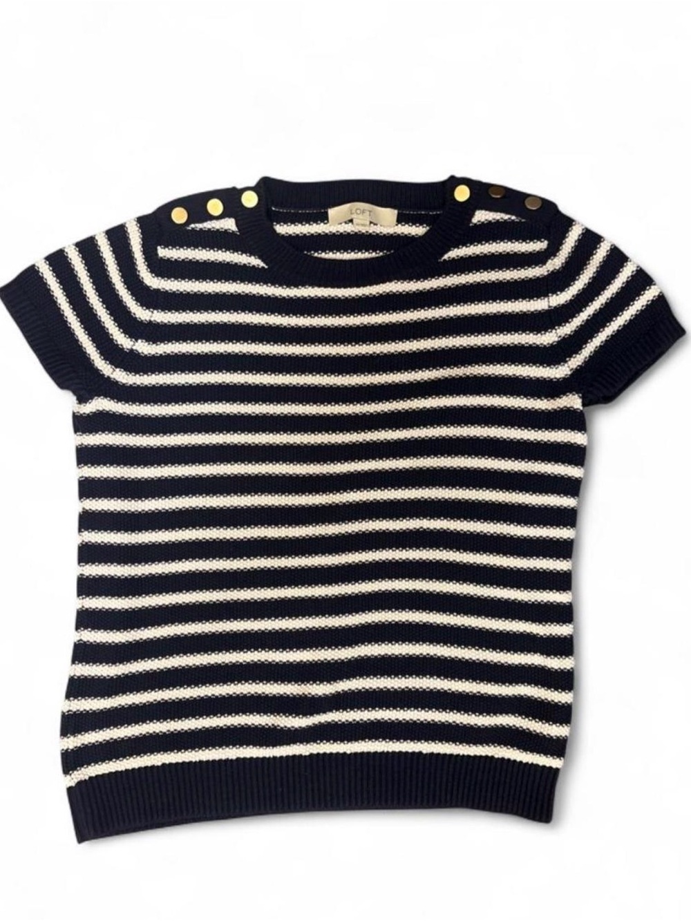 LOFT Navy and White Striped Short-Sleeve Knit Top with Button Detail